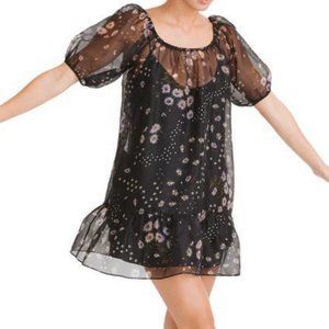 NEW Madewell Women Silk Daisy Floral Dotted Puff Sleeve Ruffle Trapeze Dress